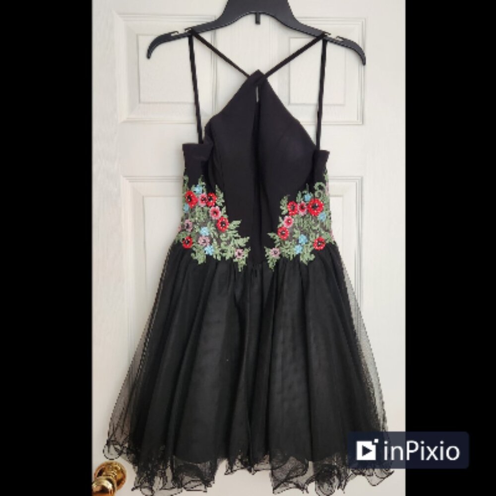 Blondie Nites Black Tulle Beaded Formal Short Hoco Halter Dress Juniors 9 NWT
